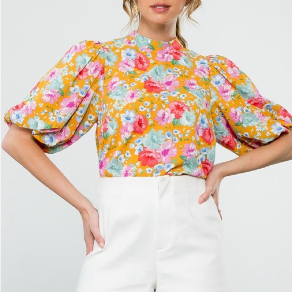 THML Mustard Floral Puff Sleeve Blouse